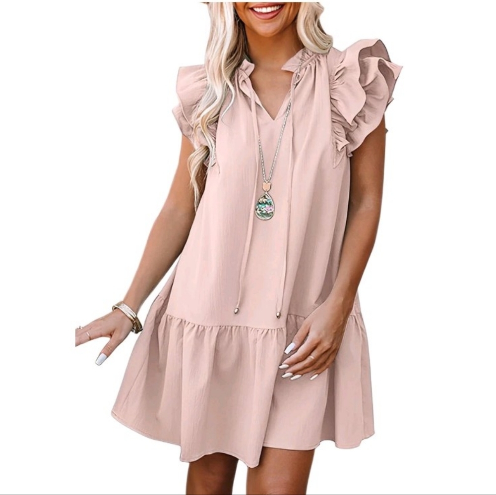 Dokotoo Women's V-Neck Drawstring Ruffle Cap Sleeve Summer Swing Dress Pink S